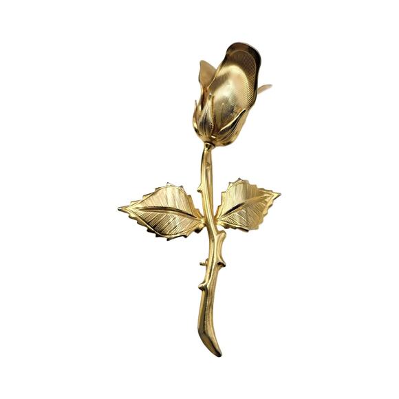 Vintage Jewelry - Vintage Gold Plated Thorny Rose Brooch, 3.25" Long